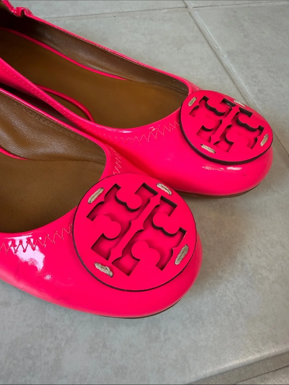 Tory Burch Neon Pink Patent Logo Ballet Flats